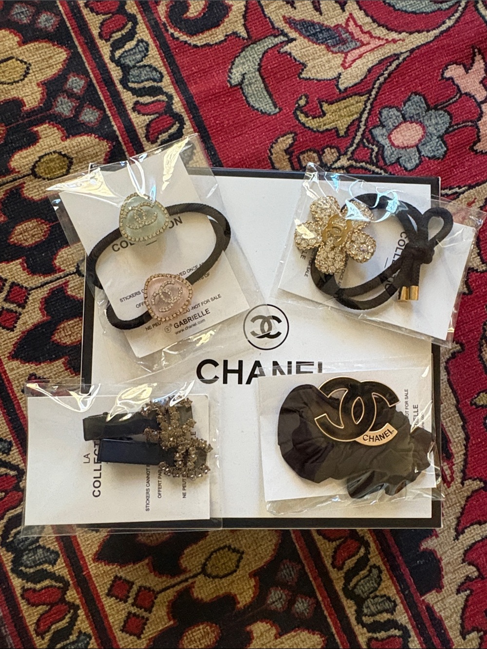 CHANEL Black and Gold Logo and Crystal Hair Accessories VIP Gift Set